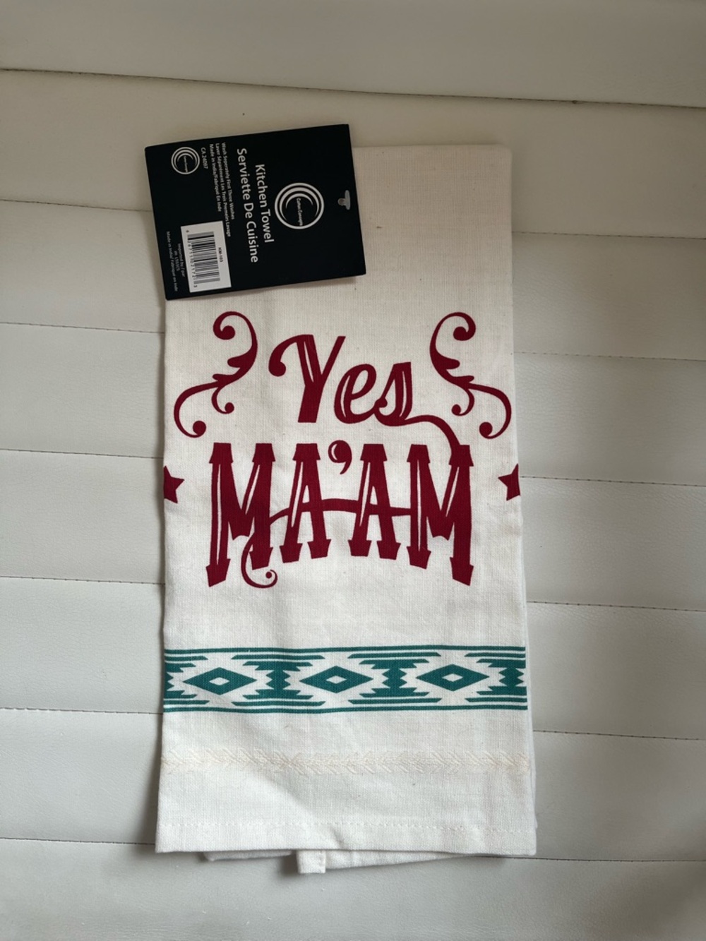White Cotton Kitchen Towel with Maroon "Yes Ma'am" Lettering